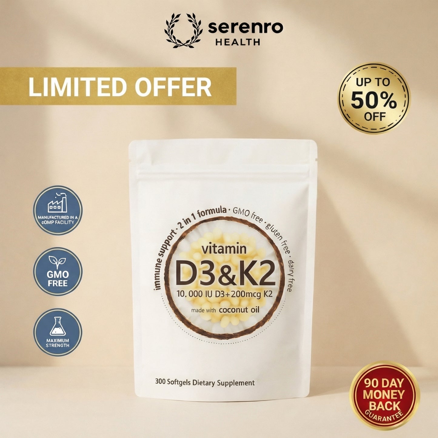 Serenro Health™ Vitamin D3 & K2 Supplement